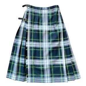 Wool Kilt Tartan Gordon Plaid Blue, Green, White and Gold Leather Straps 4-6